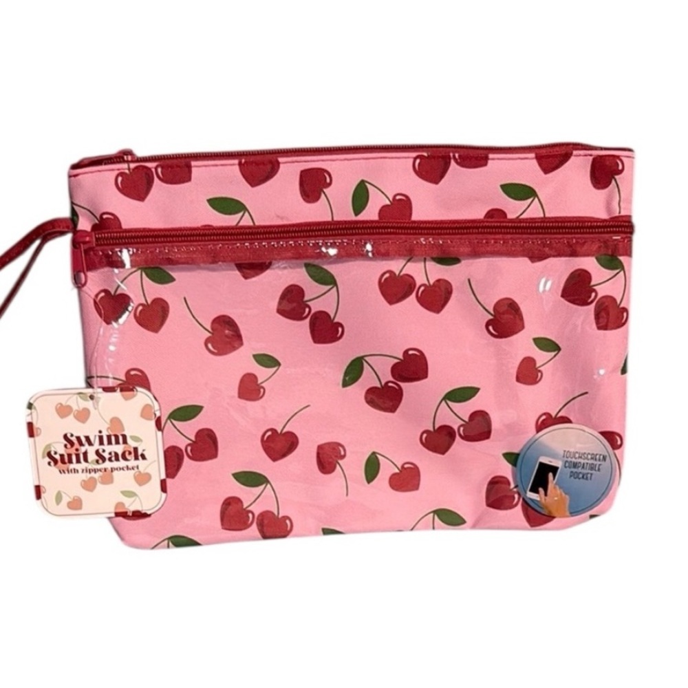 Pink and Cherry Hearts Print Wet Pouch/Swim Suit Sack w Clear Zipper Pocket BNWT